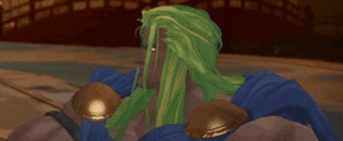 a computer generated image of a man with green hair and gold armor