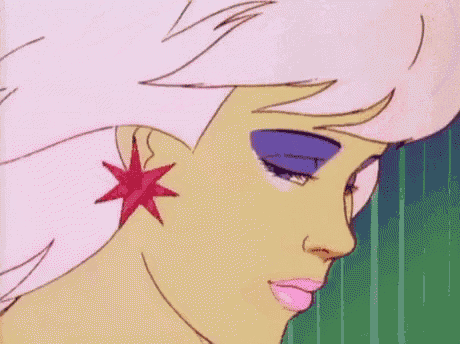 a close up of a cartoon character 's face with pink and purple makeup and a star earring .