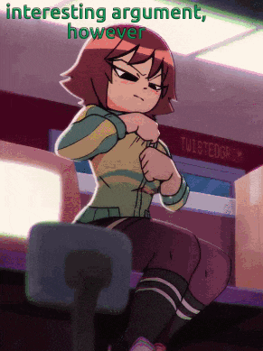 a cartoon girl is sitting in front of a sign that says twisted grim