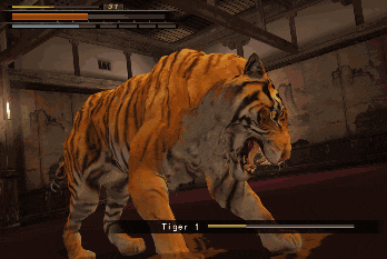a man is fighting a tiger in a video game and the tiger has 3t on it