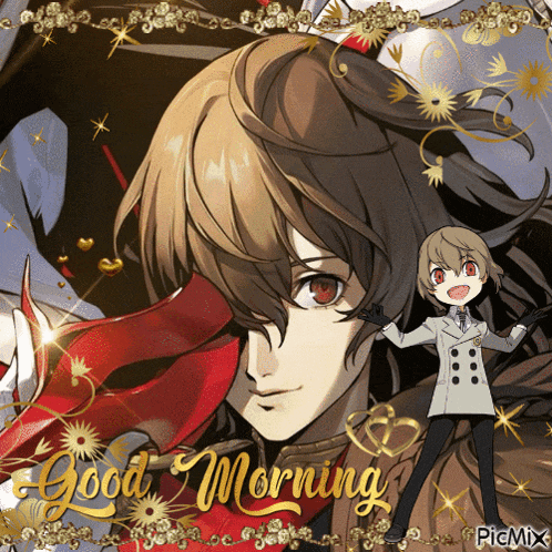 a picture of a anime character with the words good morning written on it