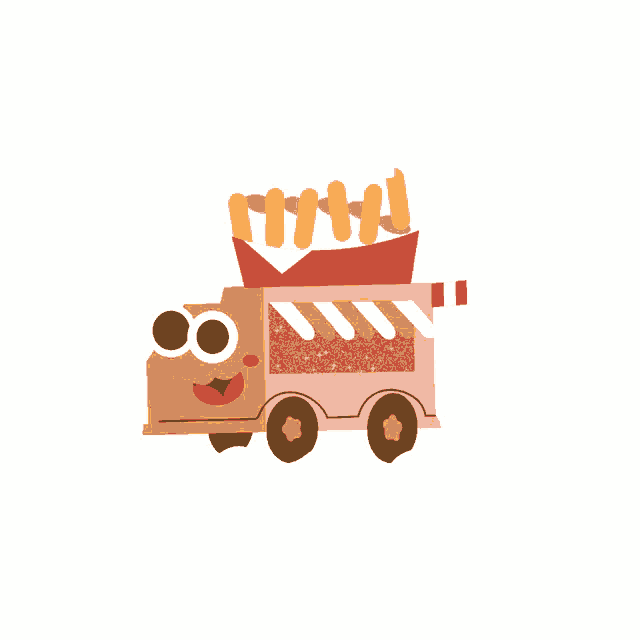 a cartoon drawing of a food truck with french fries coming out of it