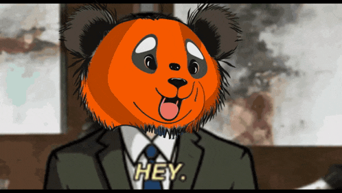 a cartoon of a panda bear in a suit says hey
