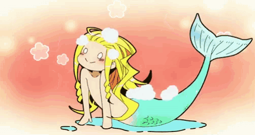 a cartoon of a mermaid taking a bath with foam on her hair .