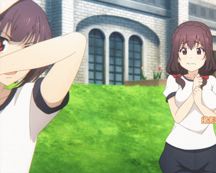 two anime girls are standing in front of a building with chinese characters