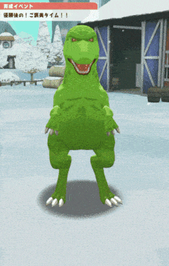 a green dinosaur is standing in front of a building in a snowy area