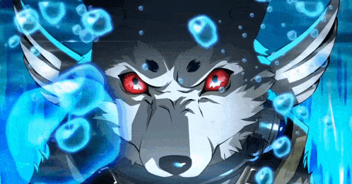 a wolf with red eyes is surrounded by bubbles