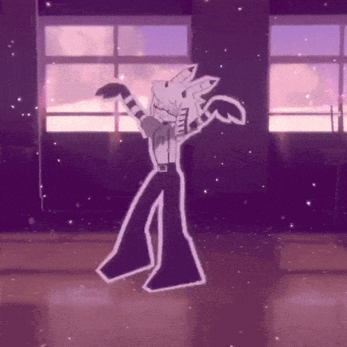 a cartoon character is dancing in a room with purple walls and windows .
