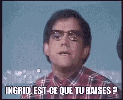 a man wearing glasses and a plaid shirt is saying `` ingrid , est-ce que tu baises ? ''