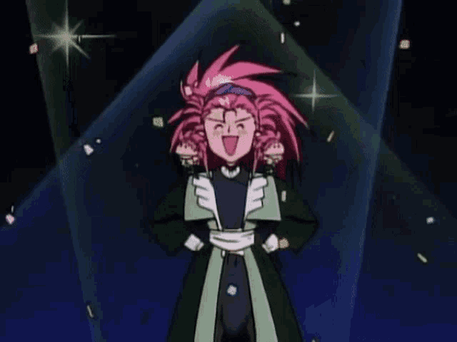 a cartoon character with pink hair is standing in front of a spotlight