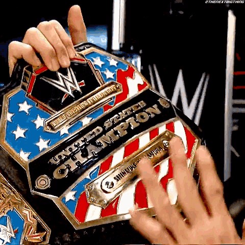 a person is holding a united states championship belt in their hands .