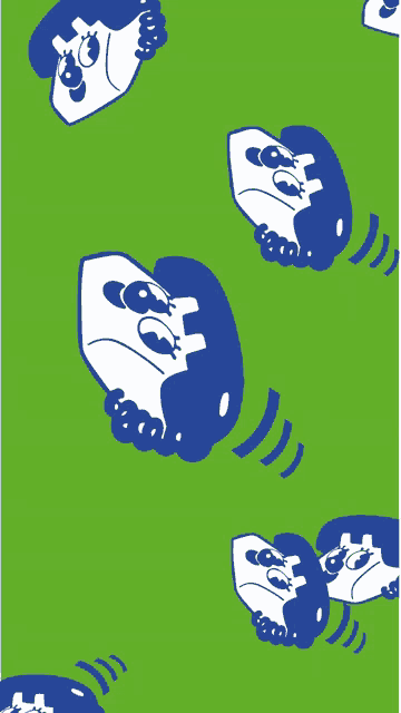 a green background with blue and white cartoon faces