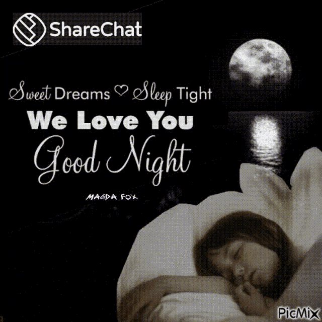 a girl is sleeping in a bed with a full moon in the background
