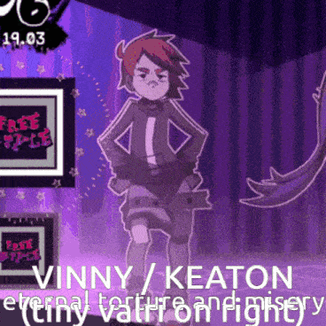 a cartoon character named vinny keaton is on a purple background