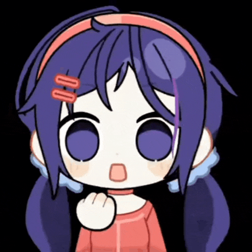 a cartoon girl with purple hair and a headband is making a funny face .