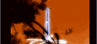 a computer generated image of a waterfall with a sword in the foreground .