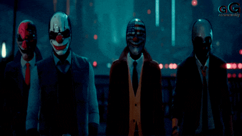 a group of men wearing clown masks are standing next to each other with the letters gg on the bottom right