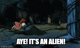a cartoon of a cat says aye it 's an alien