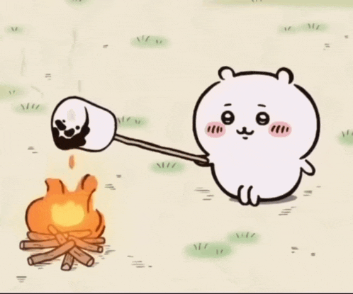 a cartoon bear is roasting marshmallows over a fire