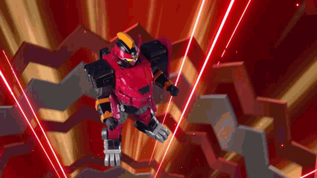 a red robot is flying through the air with red lasers coming out of it