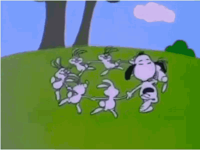 a cartoon of snoopy and a bunch of rabbits dancing in a circle