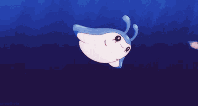 a blue and white cartoon character with a big smile
