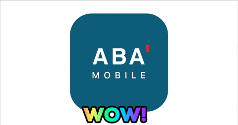 a blue app icon for aba mobile with wow written below it