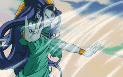 a cartoon character with purple hair and a green shirt is making a stop sign