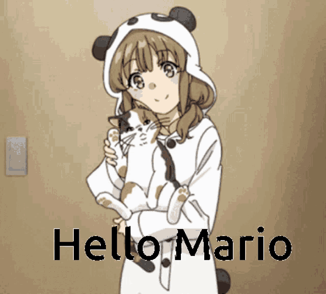 a girl in a panda hat is holding a cat and the words hello mario are below her
