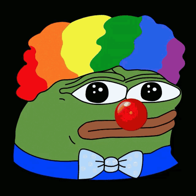 a green frog wearing a clown costume with a red nose and rainbow hair