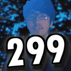 a man with glasses and a mustache is behind the number 299