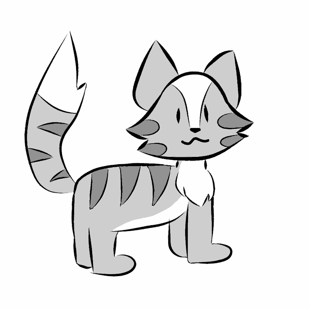 a black and white drawing of a cat with a long tail