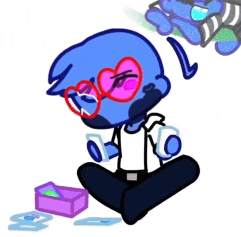 a blue cartoon character wearing pink heart shaped glasses is sitting on the floor holding a cup .
