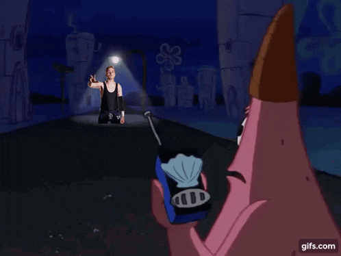 a cartoon character says he 's just standing there while holding a phone
