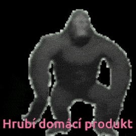 a picture of a gorilla with the words " hrubi domaci produkt " in pink