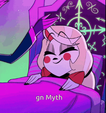 a cartoon character is laying in a bed with the words gn myth written on the bottom