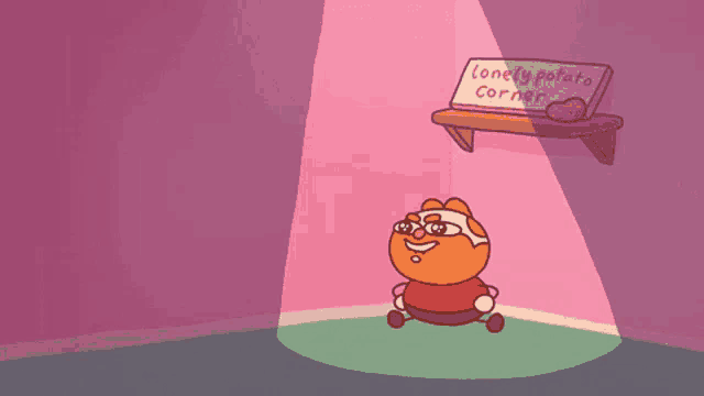 a cartoon character is sitting under a sign that says " lonely potato corner "