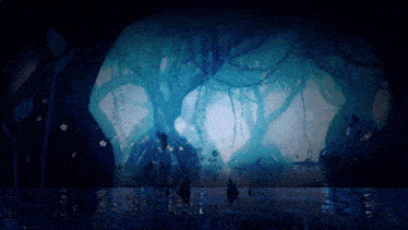 a painting of a swamp with trees and a light in the middle