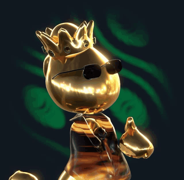 a golden cartoon character with a crown on his head