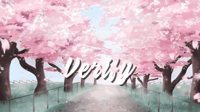 a painting of cherry blossom trees with the word verity written in white