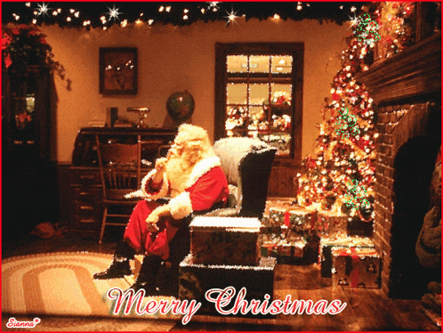 santa claus is sitting in a chair in front of a christmas tree