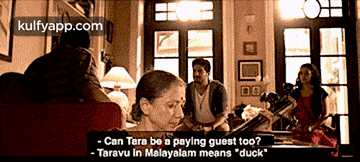 a group of people sitting in a living room with a caption that says " can tara be a paying guest too ? "