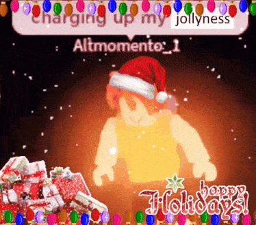 a picture of a person wearing a santa hat with the words charging up my jollyness above them