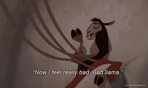 a cartoon llama is tied up with rope and says `` now i feel really bad . bad llama . ``