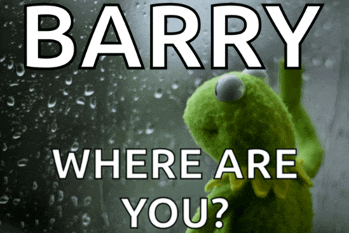 a kermit the frog is looking out a window with the words barry where are you