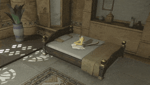 a video game character sitting on a bed with the words good morning chat below her