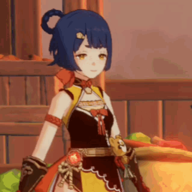a cartoon girl with blue hair and yellow eyes is standing in front of a wooden fence .
