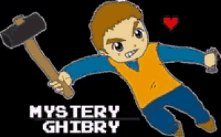 a cartoon of a boy holding a hammer with the words mystery ghibry written below him