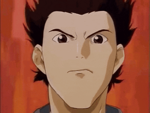 a close up of a cartoon character 's face with a red background