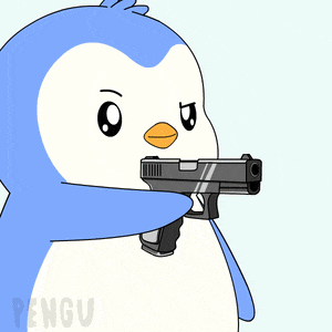 a cartoon penguin is holding a gun and the word pengu is on the bottom right